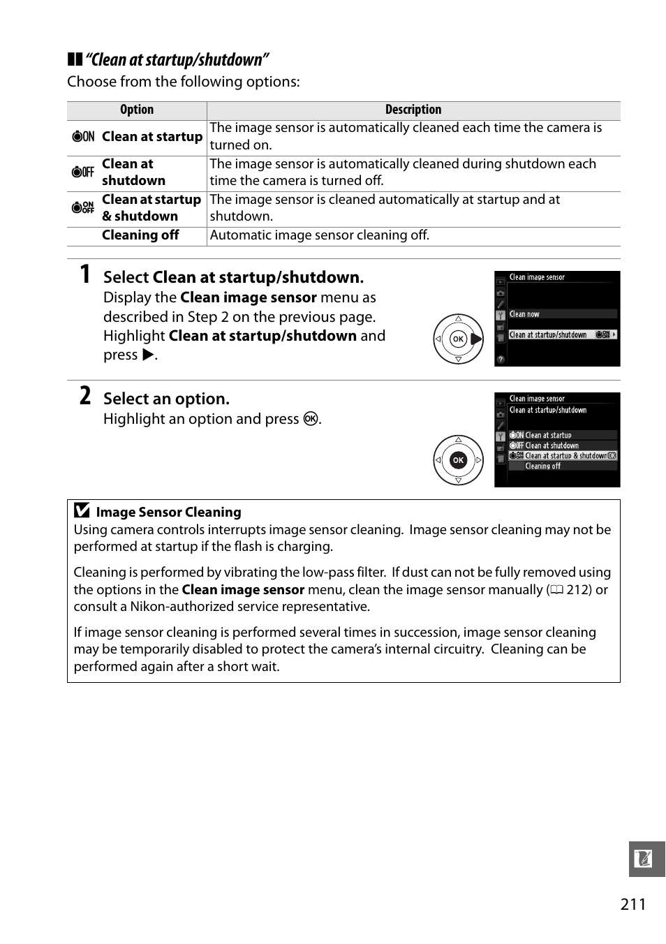 Clean at startup/shutdown | Nikon D5100 User Manual | Page 229 / 260