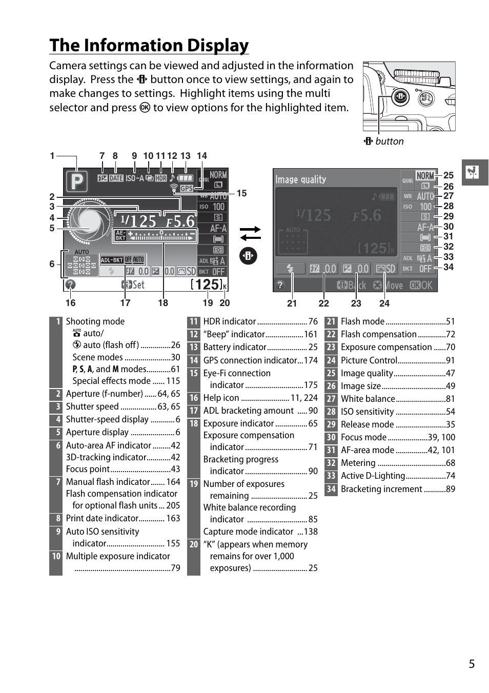 The information display | Nikon D5100 User Manual | Page 23 / 260