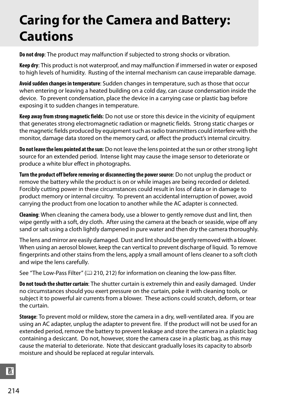 Caring for the camera and battery:cautions, Caring for the camera and battery: cautions | Nikon D5100 User Manual | Page 232 / 260