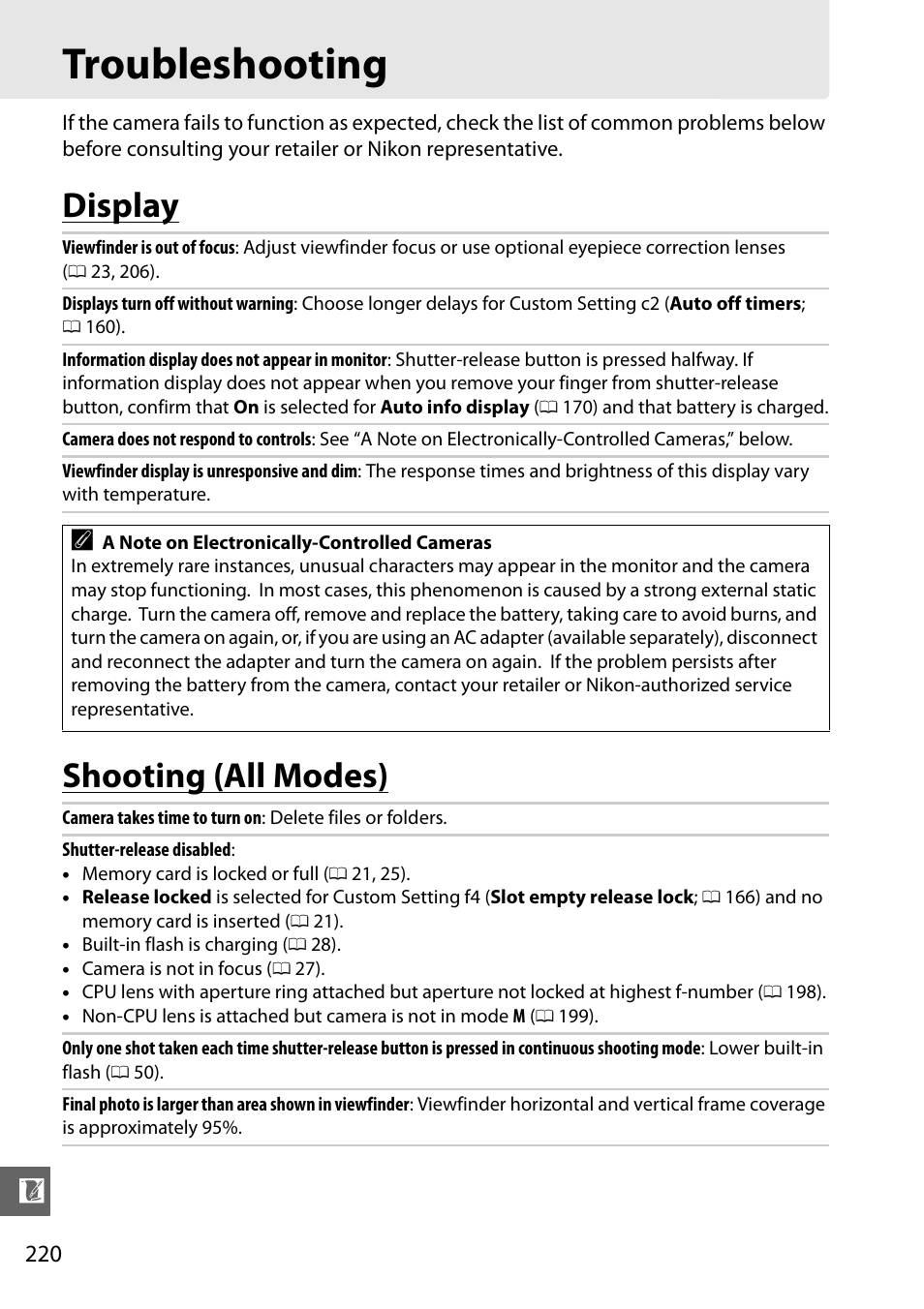 Troubleshooting, Display, Shooting (all modes) | Display shooting (all modes) | Nikon D5100 User Manual | Page 238 / 260