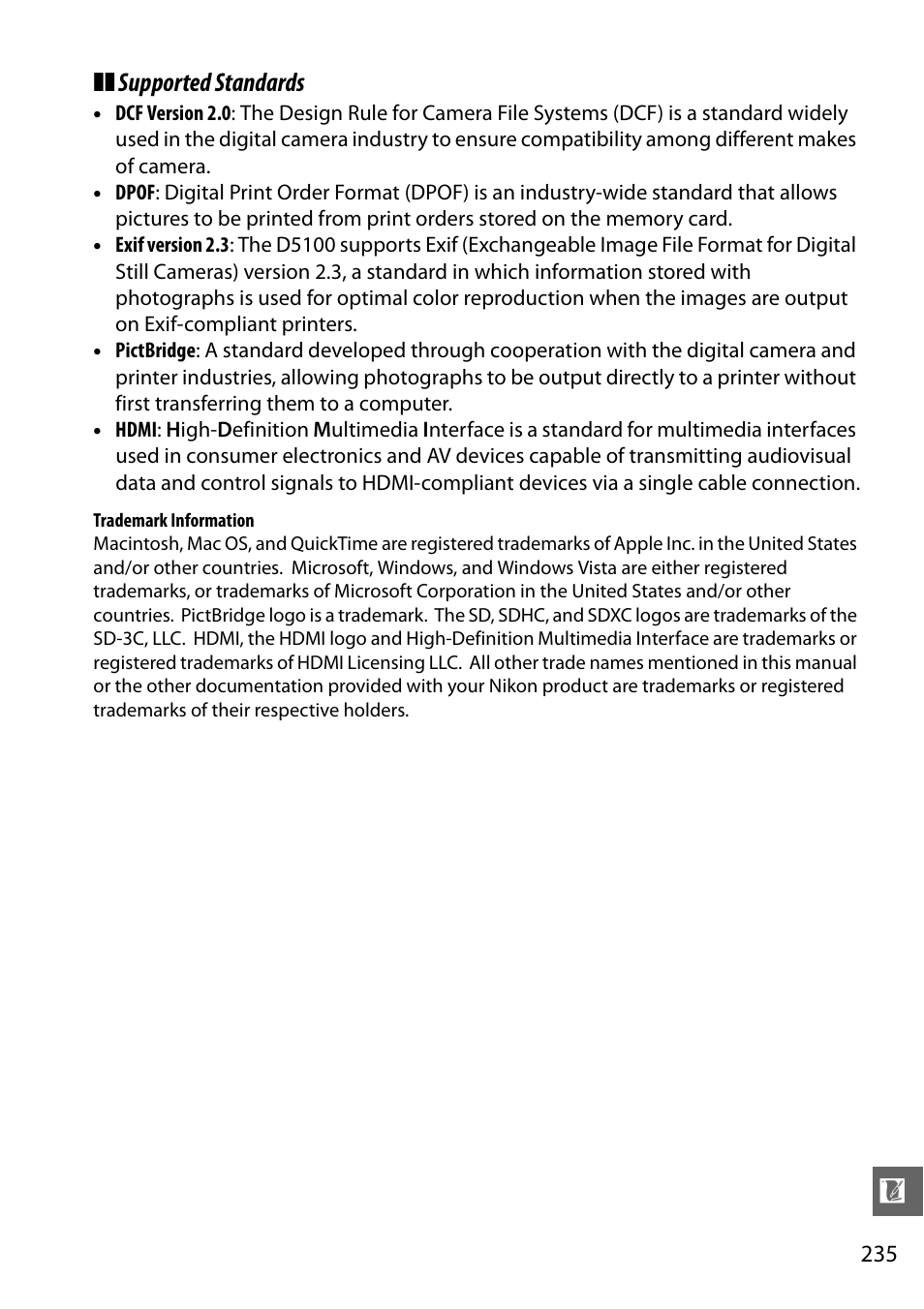 Supported standards | Nikon D5100 User Manual | Page 253 / 260