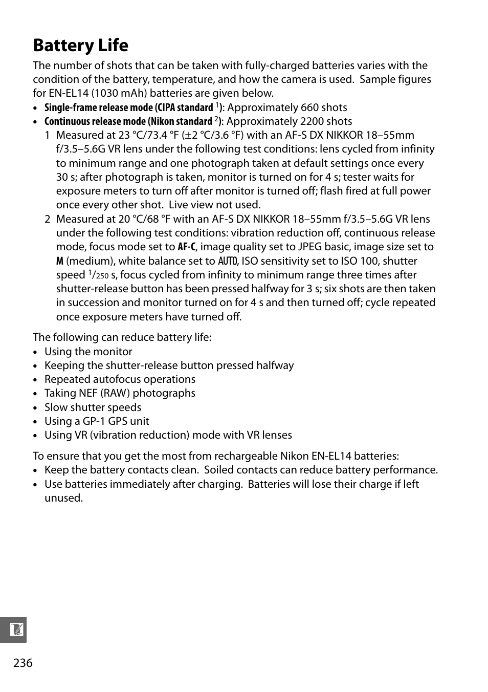 Battery life | Nikon D5100 User Manual | Page 254 / 260