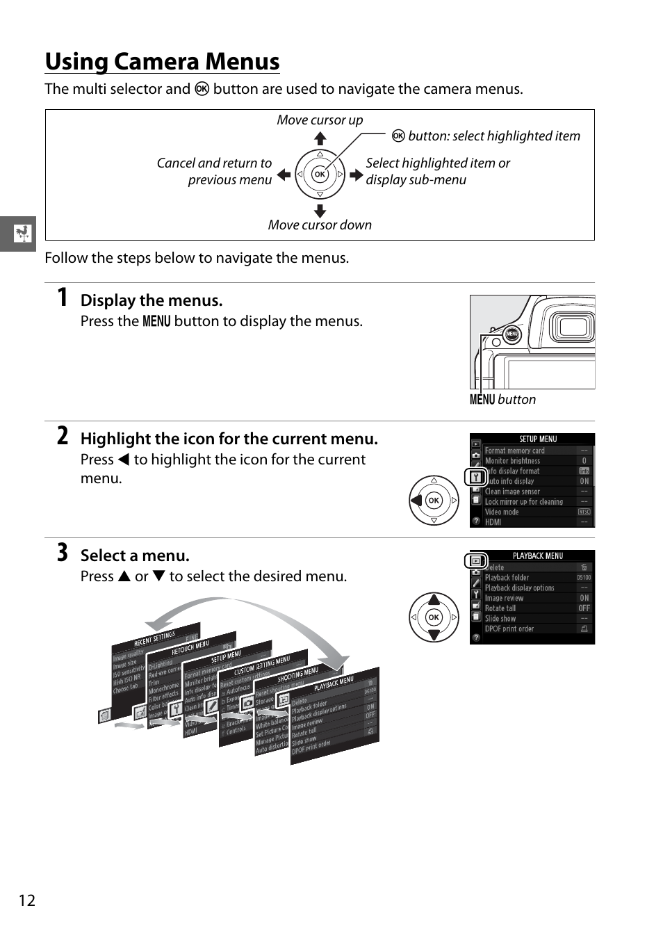 Using camera menus | Nikon D5100 User Manual | Page 30 / 260