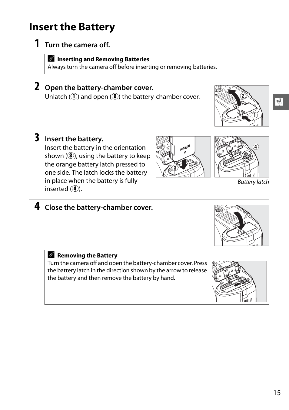 Insert the battery | Nikon D5100 User Manual | Page 33 / 260