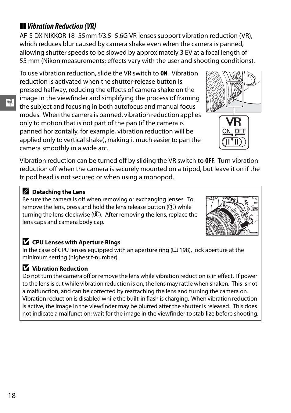 Vibration reduction (vr) | Nikon D5100 User Manual | Page 36 / 260