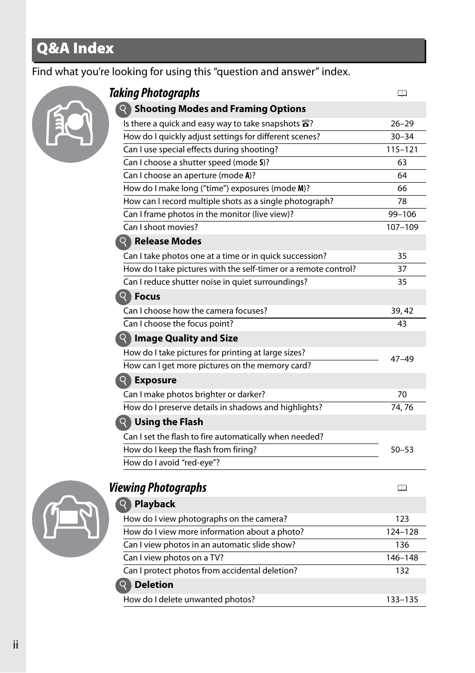 Q&a index, Taking photographs, Viewing photographs | Nikon D5100 User Manual | Page 4 / 260