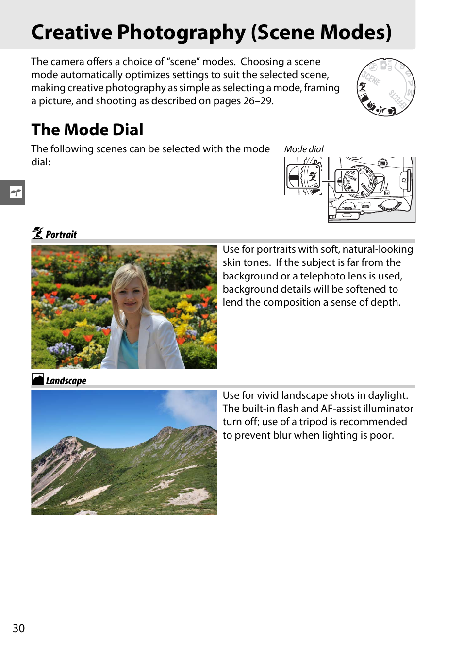 Creative photography (scene modes), The mode dial, Portrait | Landscape | Nikon D5100 User Manual | Page 48 / 260