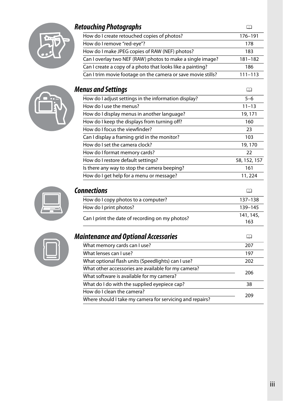 Retouching photographs, Menus and settings, Connections | Maintenance and optional accessories | Nikon D5100 User Manual | Page 5 / 260