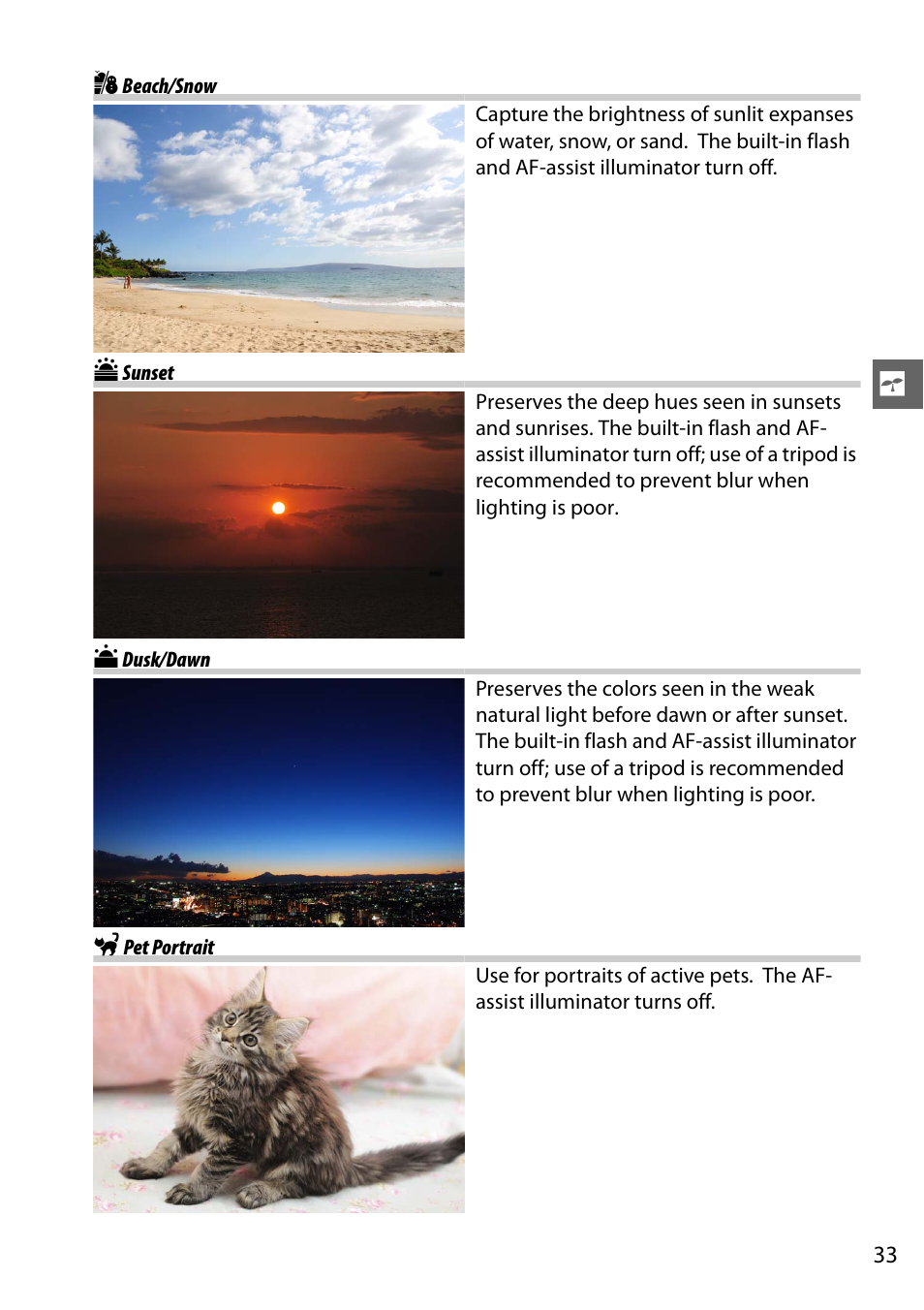 Beach/snow, Sunset, Dusk/dawn | Pet portrait | Nikon D5100 User Manual | Page 51 / 260