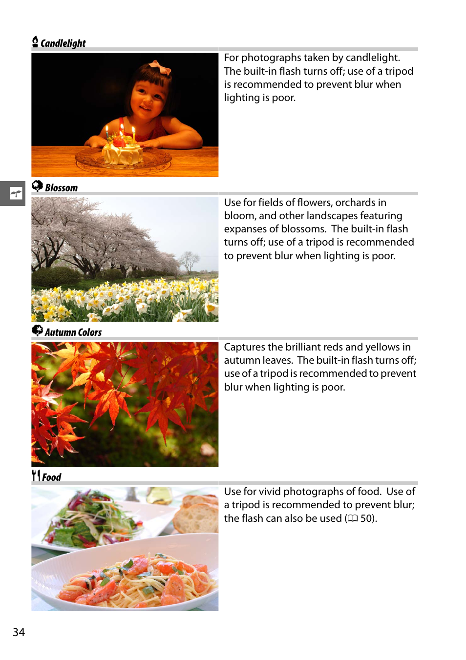 Candlelight, Blossom, Autumn colors | Food | Nikon D5100 User Manual | Page 52 / 260