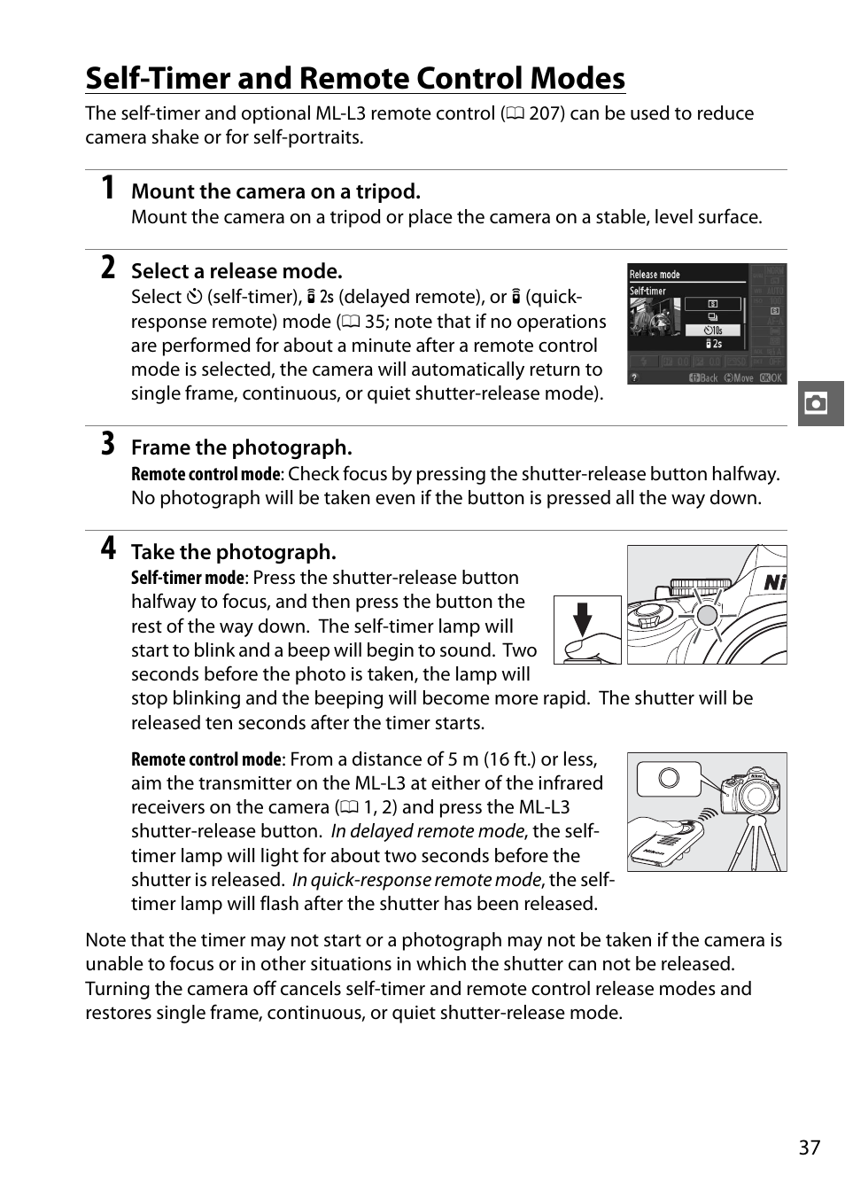 Self-timer and remote control modes | Nikon D5100 User Manual | Page 55 / 260