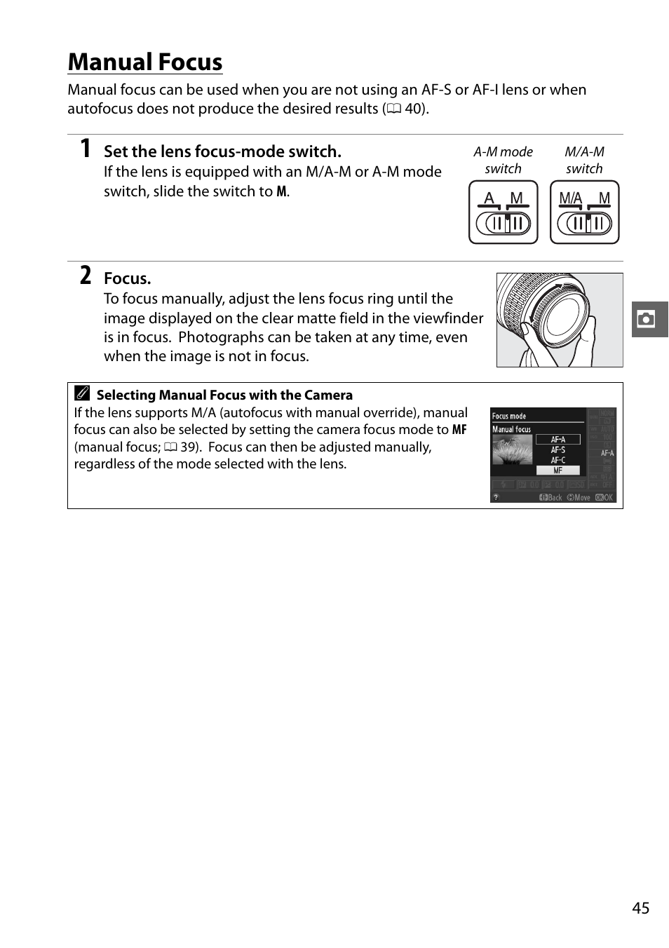 Manual focus | Nikon D5100 User Manual | Page 63 / 260