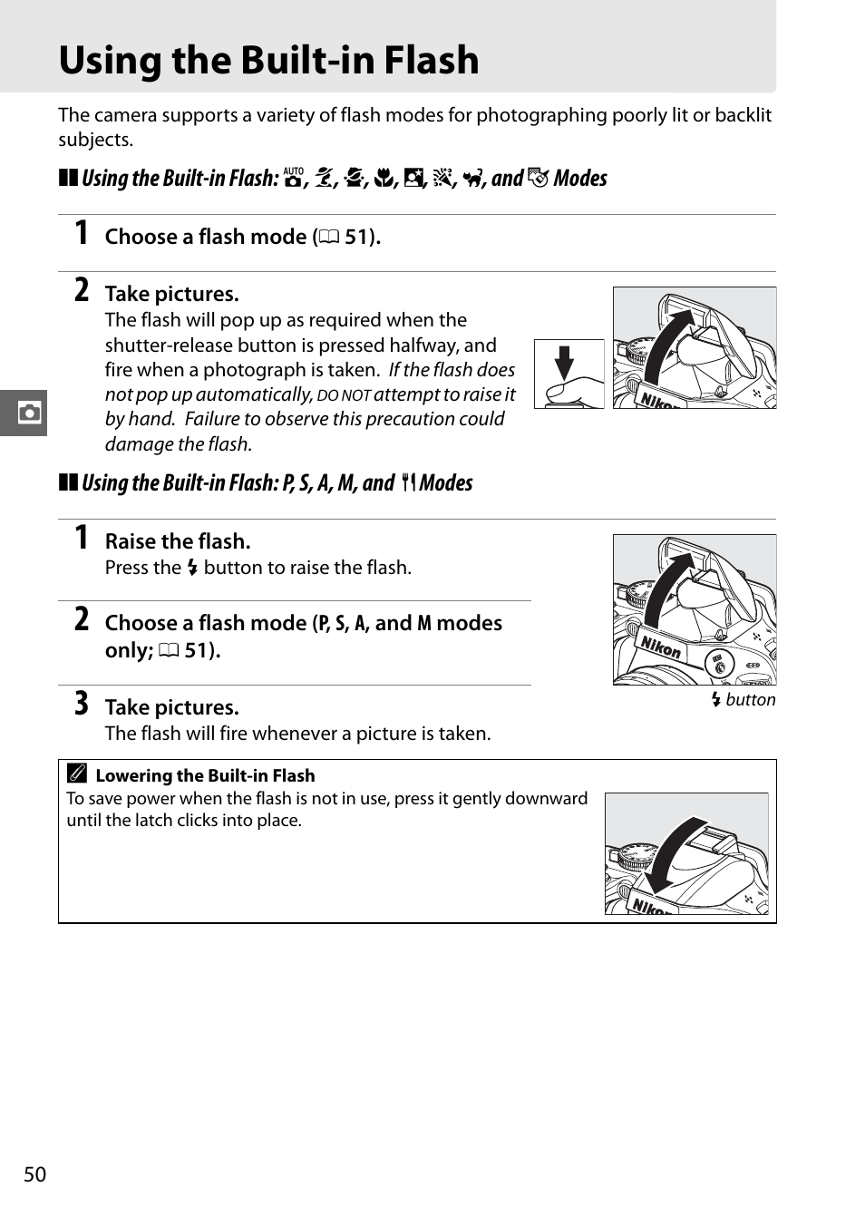 Using the built-in flash | Nikon D5100 User Manual | Page 68 / 260