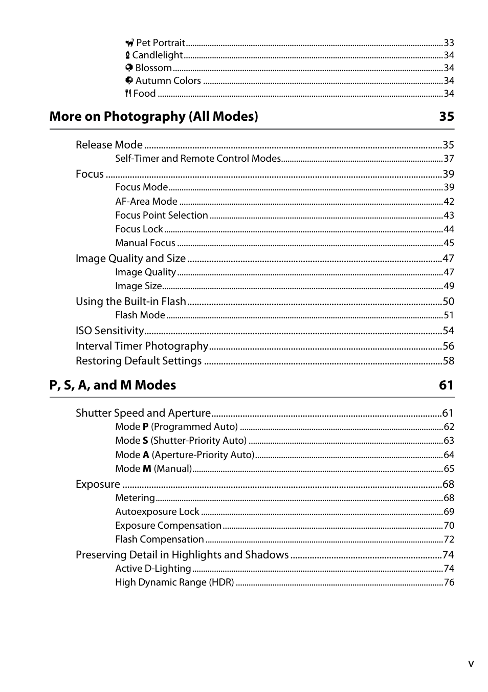 More on photography (all modes) 35, P, s, a, and m modes 61 | Nikon D5100 User Manual | Page 7 / 260