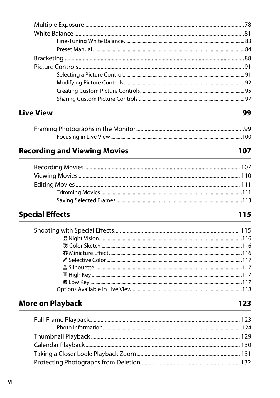 Live view 99, Recording and viewing movies 107, Special effects 115 | More on playback 123 | Nikon D5100 User Manual | Page 8 / 260