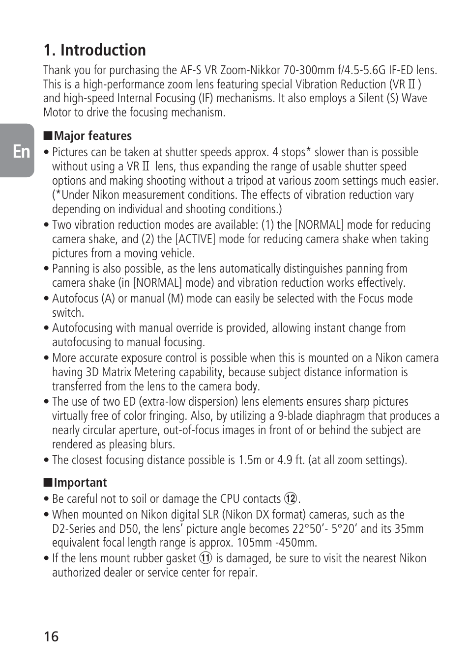 Introduction | Nikon AF-S VR 70-300_f-4.5-5.6G IF-ED User Manual | Page 16 / 92