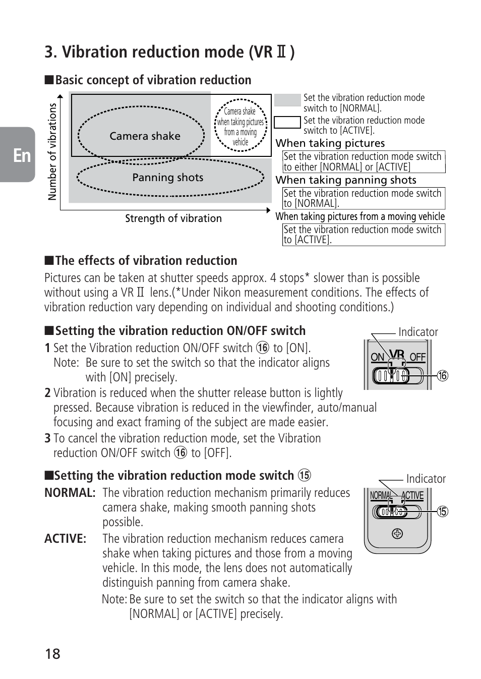 Vibration reduction mode (vr @ ) | Nikon AF-S VR 70-300_f-4.5-5.6G IF-ED User Manual | Page 18 / 92