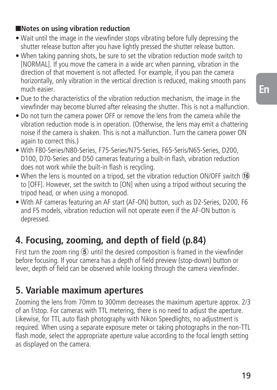 Focusing, zooming, and depth of field (p.84), Variable maximum apertures | Nikon AF-S VR 70-300_f-4.5-5.6G IF-ED User Manual | Page 19 / 92