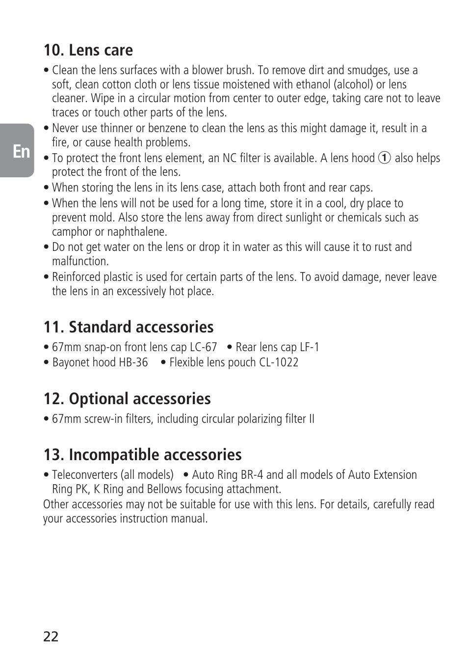 Lens care, Standard accessories, Optional accessories | Incompatible accessories | Nikon AF-S VR 70-300_f-4.5-5.6G IF-ED User Manual | Page 22 / 92