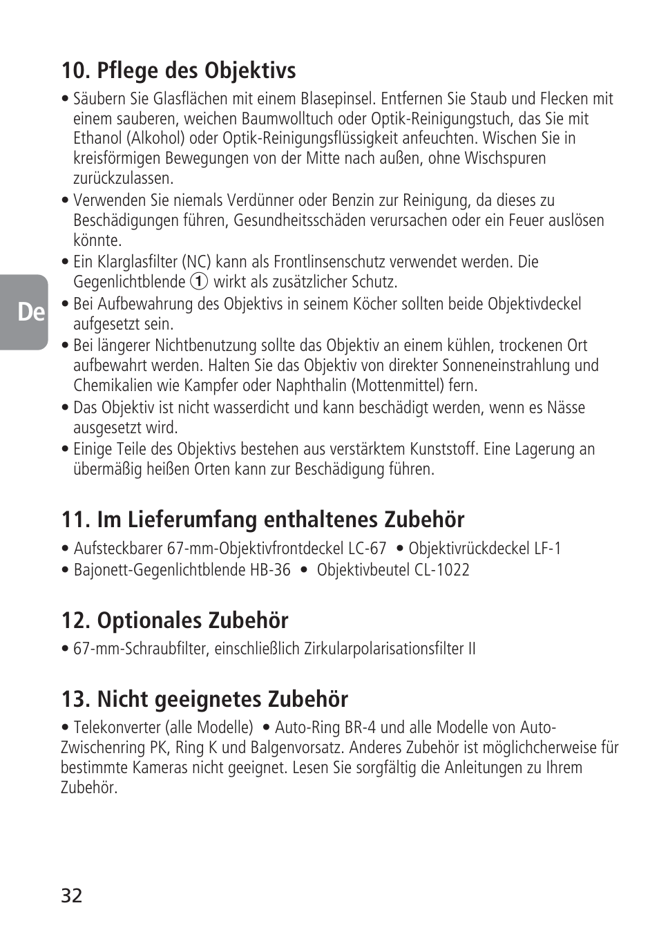 Pflege des objektivs, Im lieferumfang enthaltenes zubehör, Optionales zubehör | Nicht geeignetes zubehör | Nikon AF-S VR 70-300_f-4.5-5.6G IF-ED User Manual | Page 32 / 92