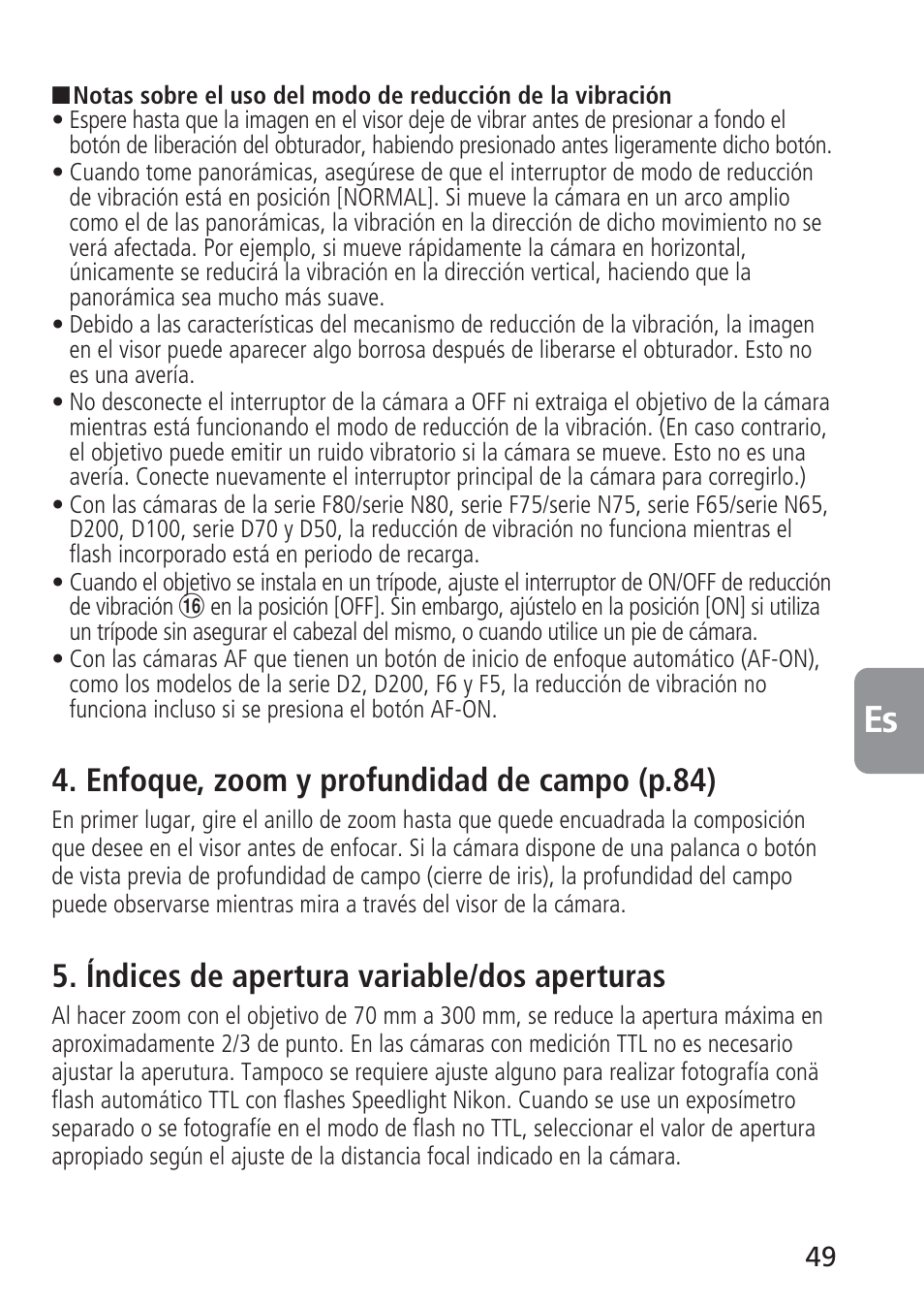 Enfoque, zoom y profundidad de campo (p.84), Índices de apertura variable/dos aperturas | Nikon AF-S VR 70-300_f-4.5-5.6G IF-ED User Manual | Page 49 / 92