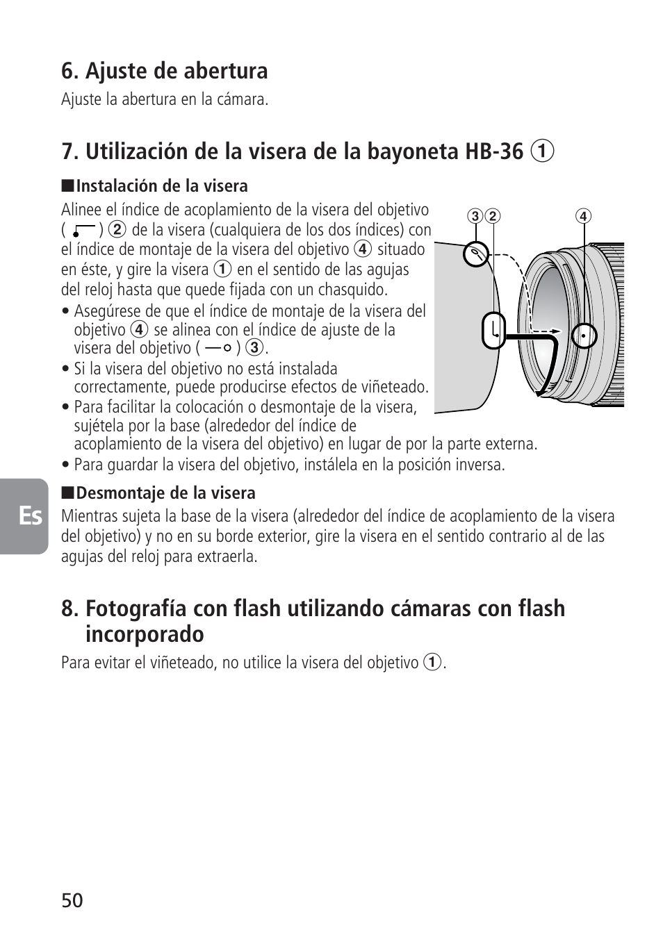 Ajuste de abertura, Utilización de la visera de la bayoneta hb-36 1 | Nikon AF-S VR 70-300_f-4.5-5.6G IF-ED User Manual | Page 50 / 92
