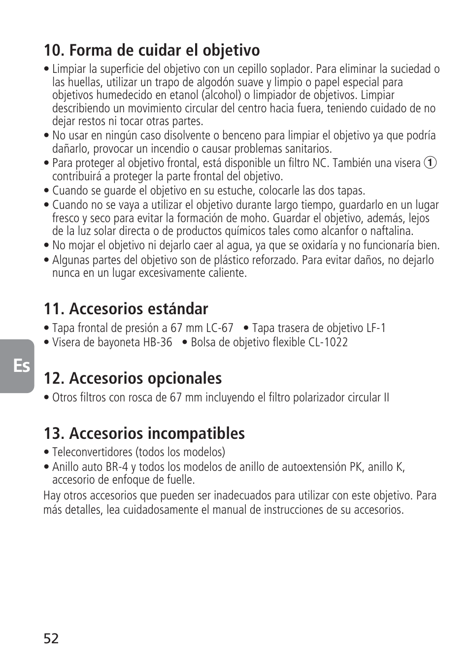 Forma de cuidar el objetivo, Accesorios estándar, Accesorios opcionales | Accesorios incompatibles | Nikon AF-S VR 70-300_f-4.5-5.6G IF-ED User Manual | Page 52 / 92