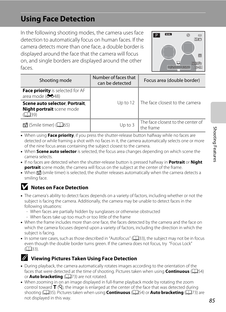 Using face detection, A85) or, A85) for | Using face, Detection, Viewing pictures taken using face detection, A85) | Nikon P7100 User Manual | Page 103 / 260