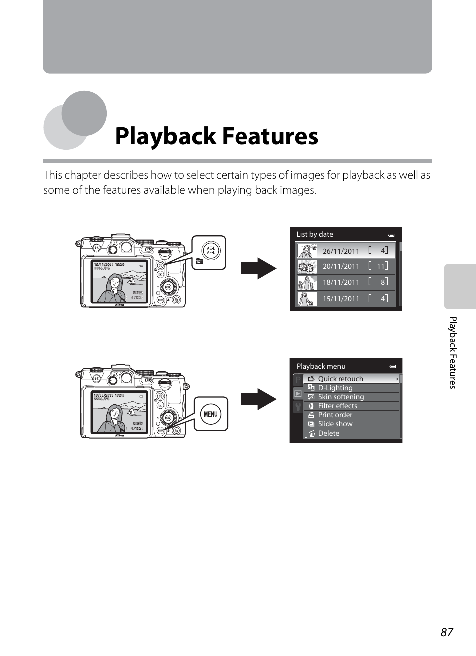 Playback features, Playb ack feature s | Nikon P7100 User Manual | Page 105 / 260