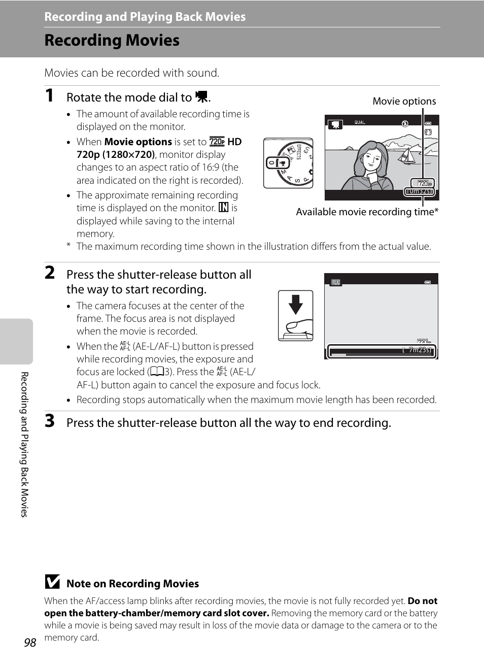 Recording movies | Nikon P7100 User Manual | Page 116 / 260