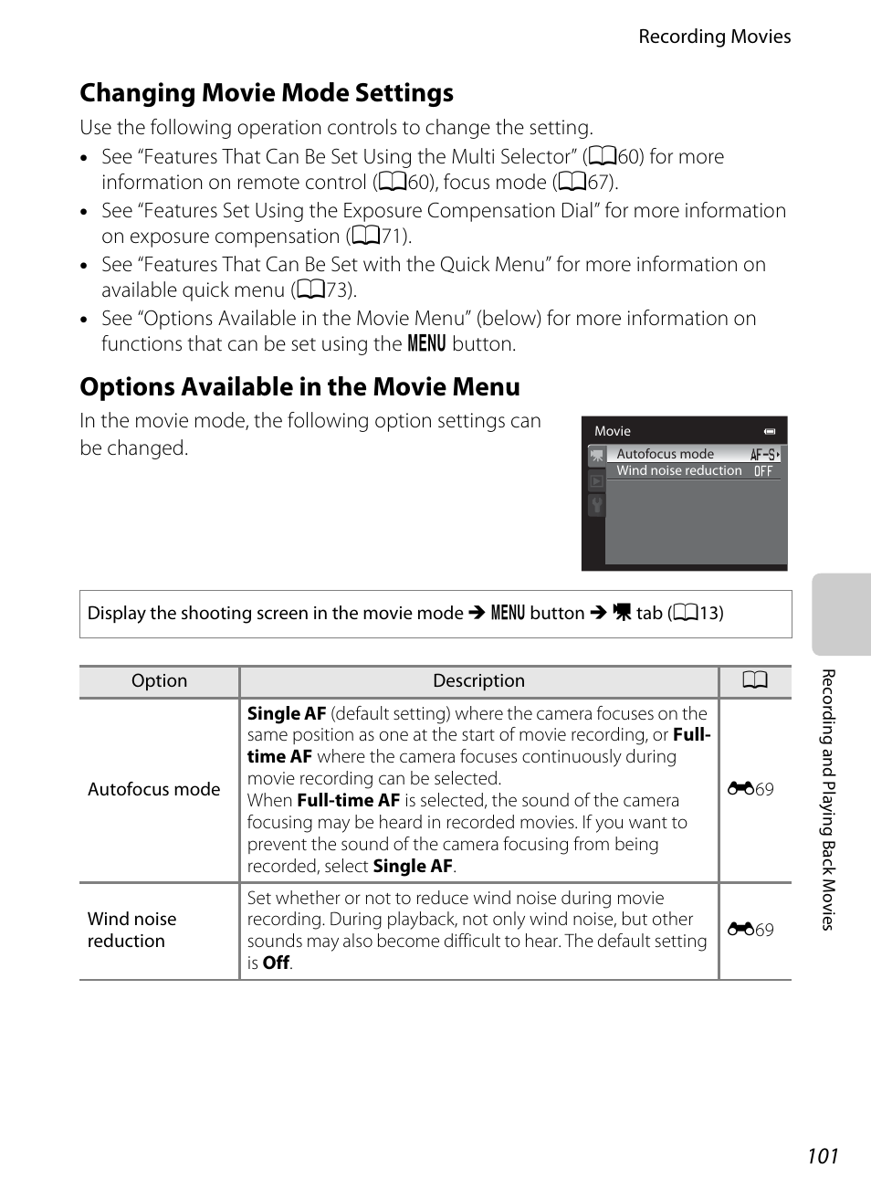 Changing movie mode settings, Options available in the movie menu, A101) | A101) is se | Nikon P7100 User Manual | Page 119 / 260