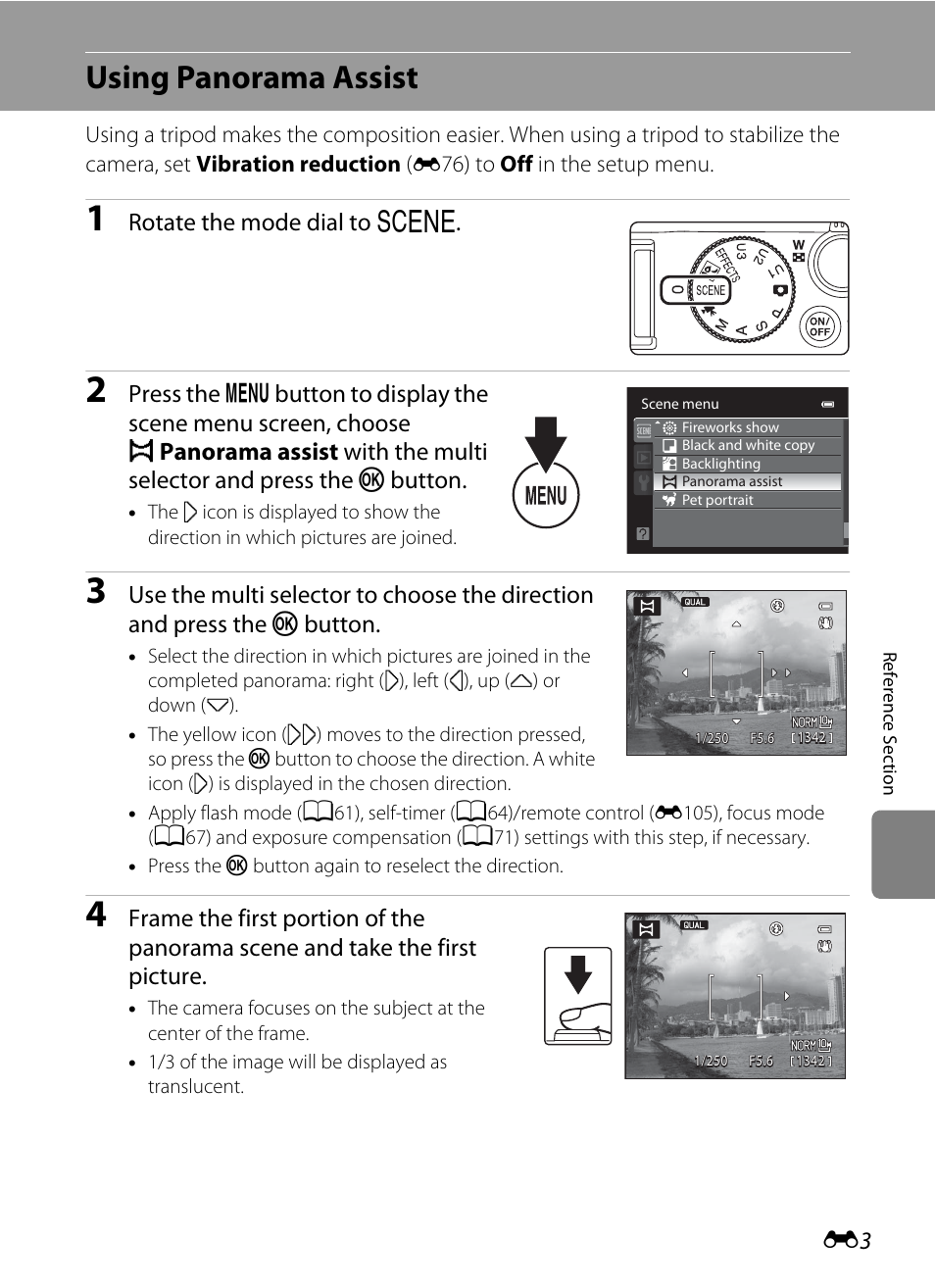 Using panorama assist, E3) for more, Rotate the mode dial to y | Nikon P7100 User Manual | Page 129 / 260