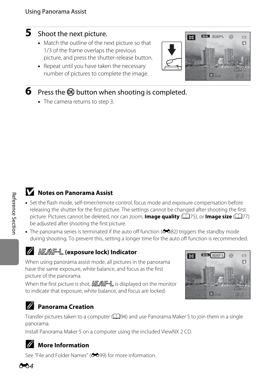 E4) to join them, Shoot the next picture, Press the k button when shooting is completed | Nikon P7100 User Manual | Page 130 / 260