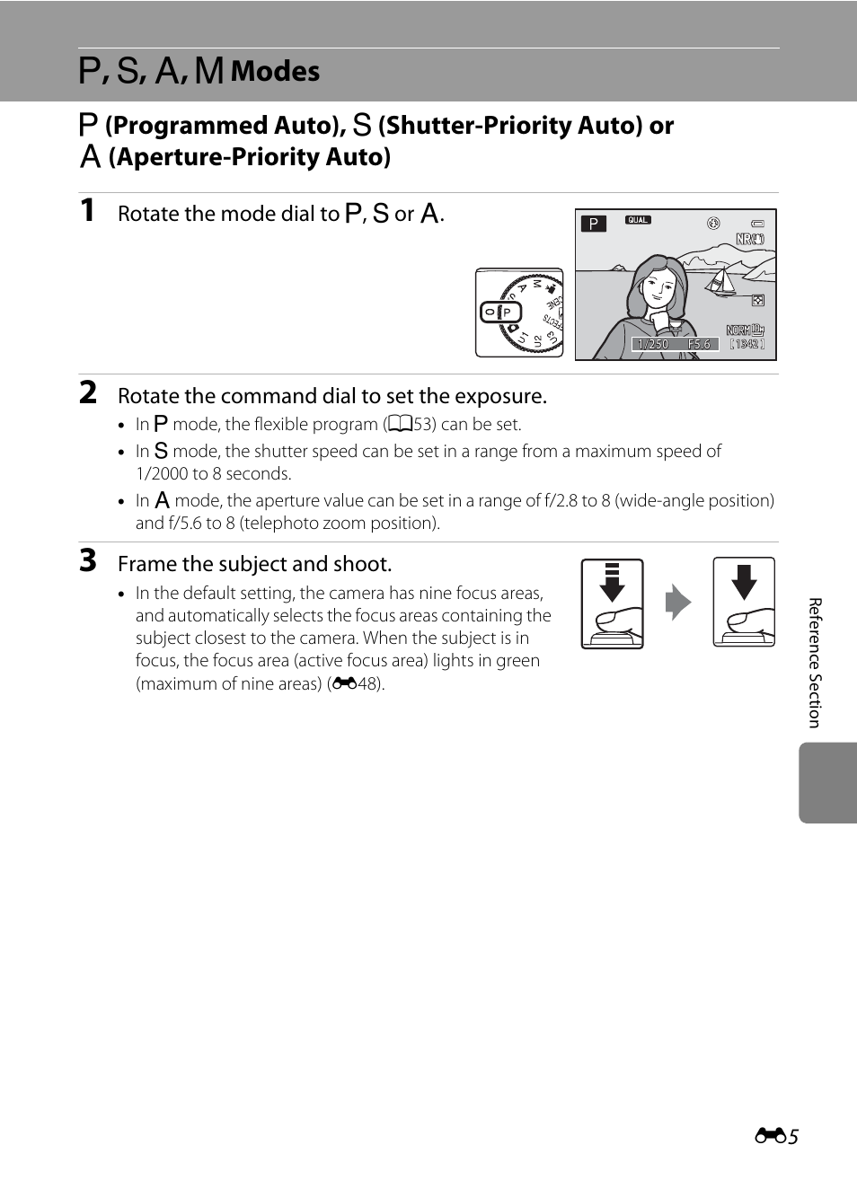 P, s, a, m modes, Programmed auto) ( e, A, b, c, d modes | A , b , c , d modes | Nikon P7100 User Manual | Page 131 / 260