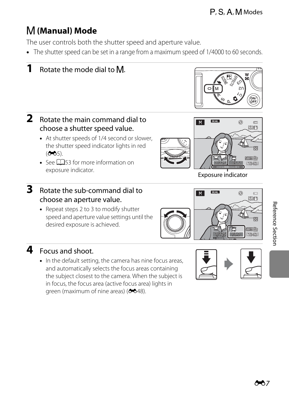 M (manual) mode, D (manual) mode, Rotate the mode dial to d | Focus and shoot | Nikon P7100 User Manual | Page 133 / 260