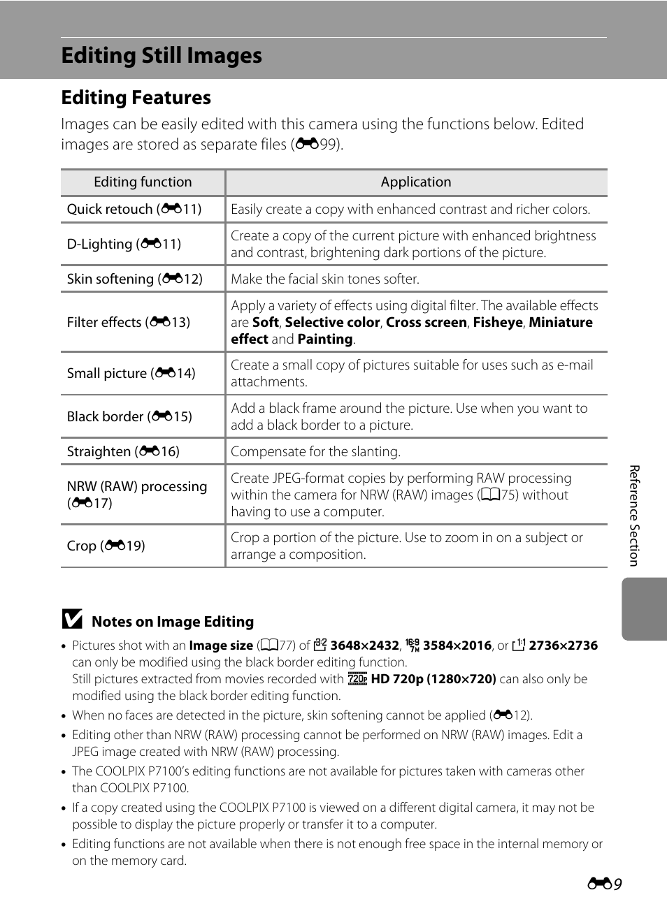 Editing still images, Editing features, Tion (e9 | See “editing still images, E9) and “the | Nikon P7100 User Manual | Page 135 / 260