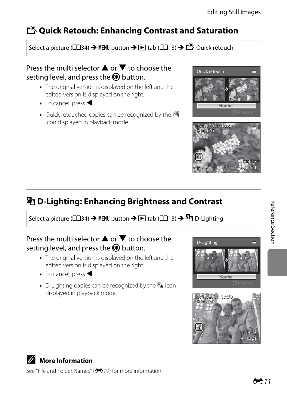 Quick retouch: enhancing contrast and saturation, D-lighting: enhancing brightness and contrast, K quick retouch: enhancing contrast and saturation | I d-lighting: enhancing brightness and contrast, E11), Lighting, E 11 | Nikon P7100 User Manual | Page 137 / 260