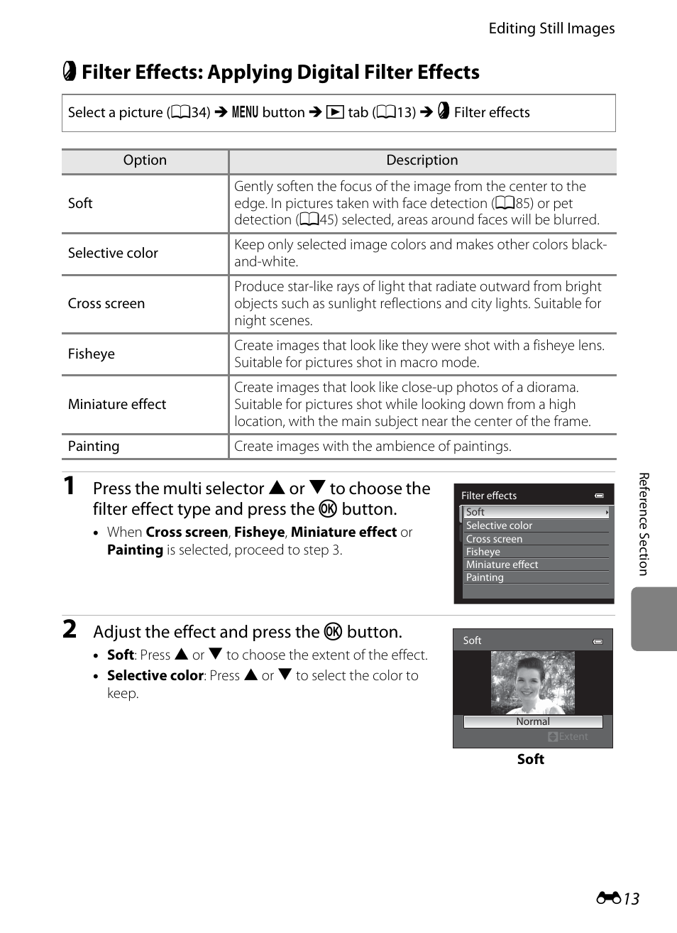 Filter effects: applying digital filter effects, P filter effects: applying digital filter effects, E13) | E 13, Adjust the effect and press the k button | Nikon P7100 User Manual | Page 139 / 260