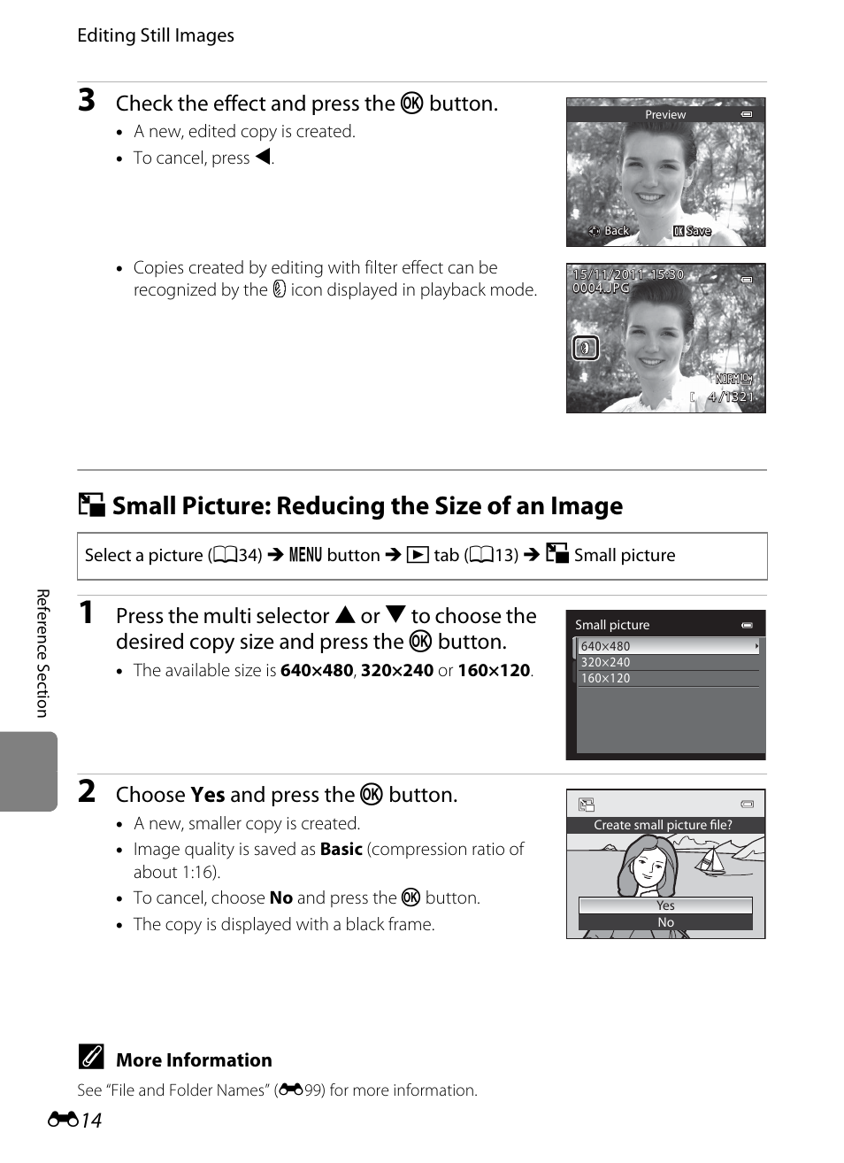 Small picture: reducing the size of an image, G small picture: reducing the size of an image, E 14 | Check the effect and press the k button, Choose yes and press the k button | Nikon P7100 User Manual | Page 140 / 260