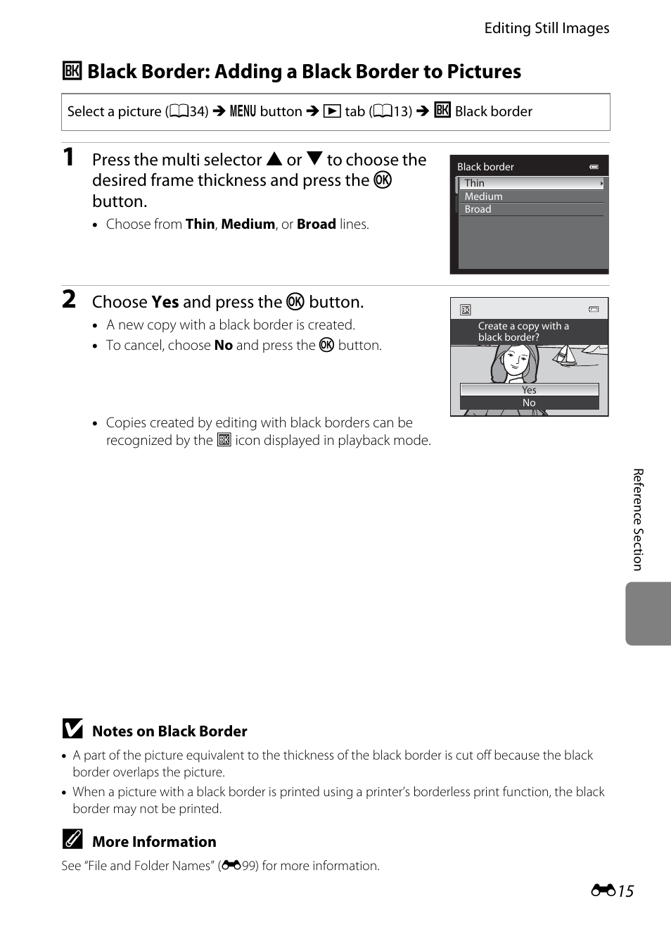 Black border: adding a black border to pictures, J black border: adding a black border to pictures, E15) | Nikon P7100 User Manual | Page 141 / 260