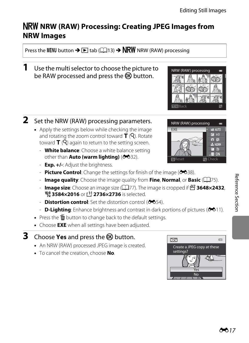 E17), and, E17), E 17 | Set the nrw (raw) processing parameters, Choose yes and press the k button | Nikon P7100 User Manual | Page 143 / 260