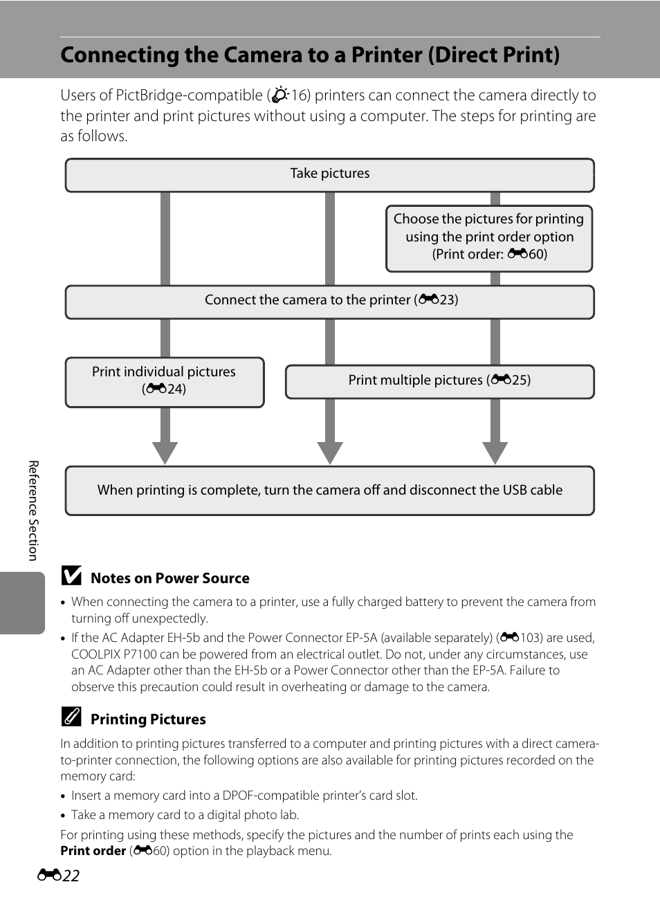 Connecting the camera to a printer (direct print), E 22 | Nikon P7100 User Manual | Page 148 / 260