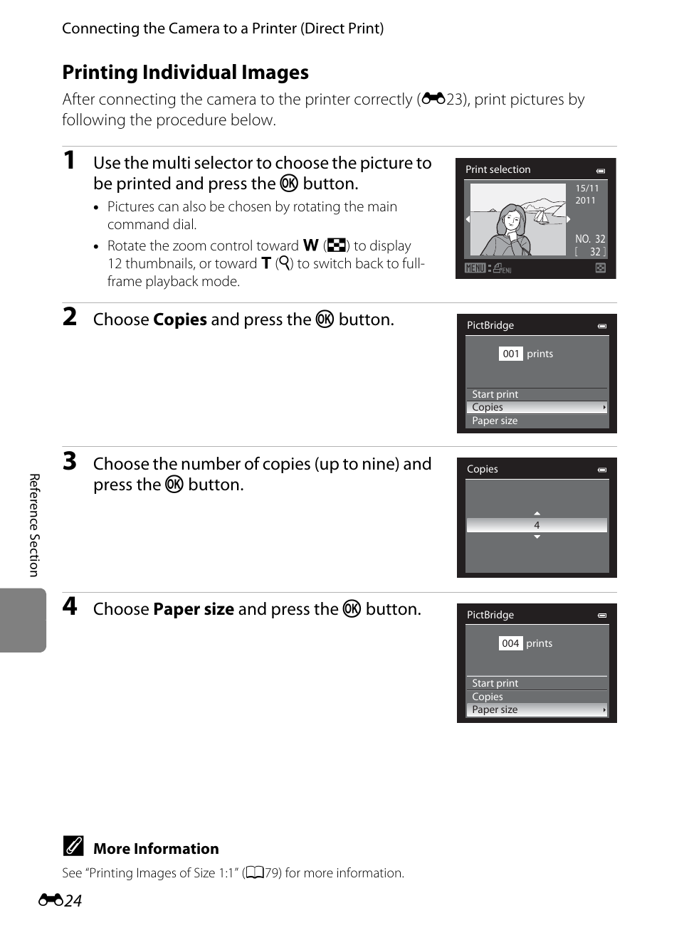 Printing individual images, E24), E 24 | Choose copies and press the k button, Choose paper size and press the k button | Nikon P7100 User Manual | Page 150 / 260