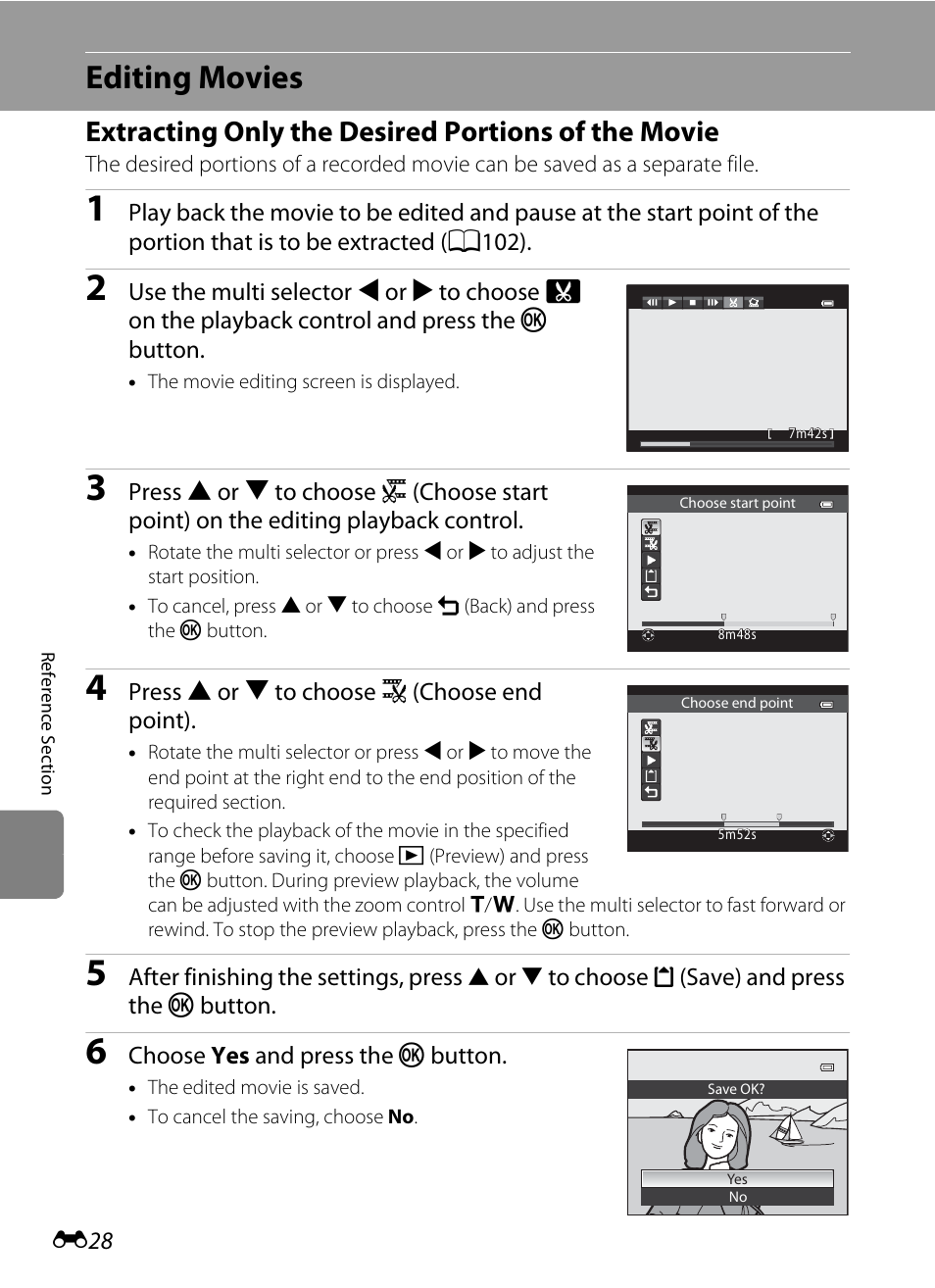 Editing movies, Extracting only the desired portions of the movie, E28) | Nikon P7100 User Manual | Page 154 / 260