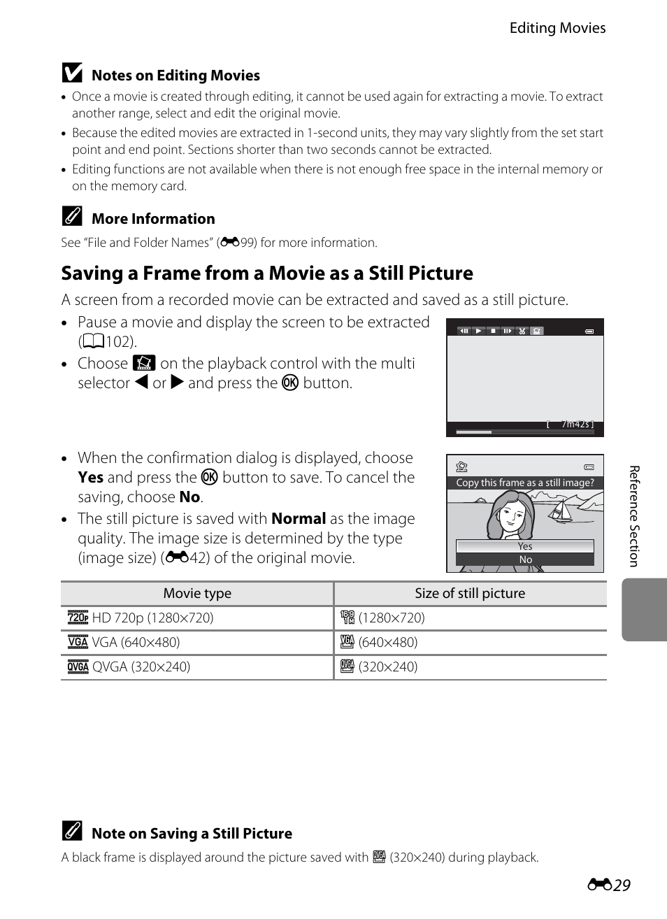 Saving a frame from a movie as a still picture, E29), E 29 | Nikon P7100 User Manual | Page 155 / 260