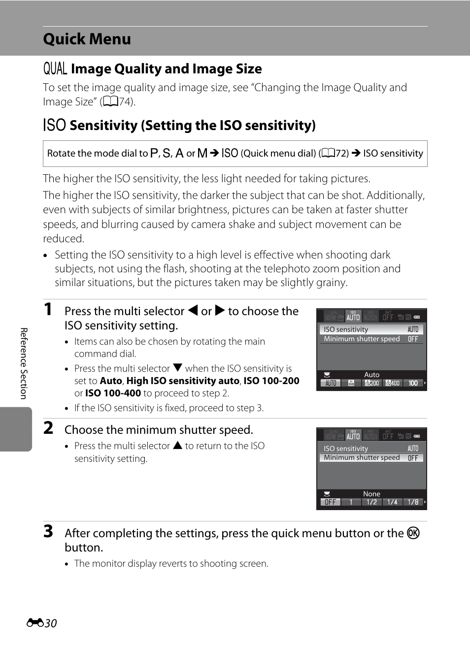 Quick menu, Image quality and image size, Iso sensitivity (setting the iso sensitivity) | E30), A image quality and image size, B sensitivity (setting the iso sensitivity) | Nikon P7100 User Manual | Page 156 / 260