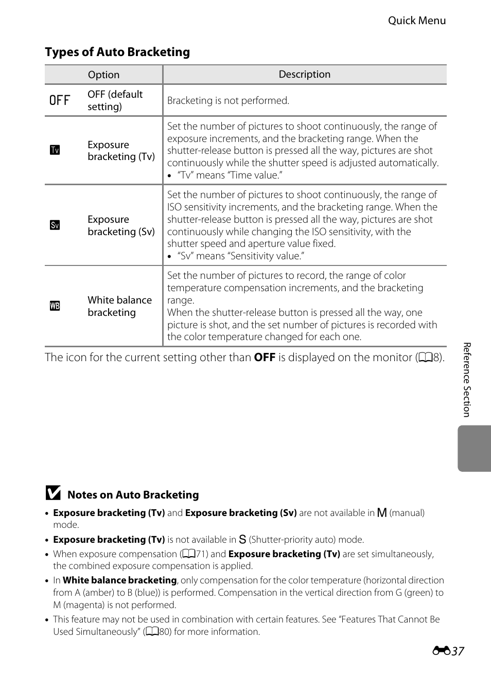 E 37, Types of auto bracketing | Nikon P7100 User Manual | Page 163 / 260