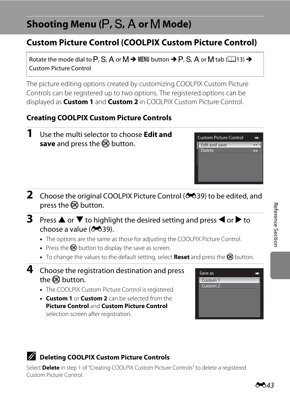 Shooting menu (p, s, a or m mode), Shooting menu, A, b, c or d mode) | E43), Shooting menu ( a , b , c or d mode) | Nikon P7100 User Manual | Page 169 / 260