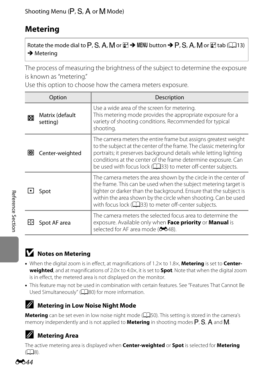 Metering, E 44 | Nikon P7100 User Manual | Page 170 / 260