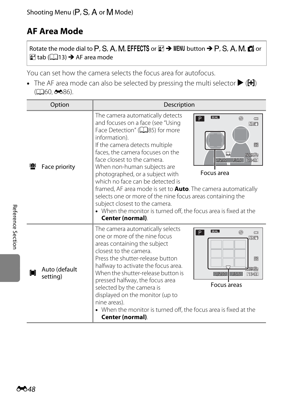 Af area mode, E48), Eas) | E 48 | Nikon P7100 User Manual | Page 174 / 260